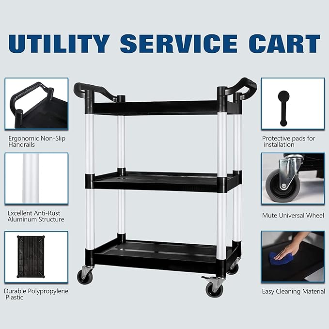 Service Cart with Wheels Lockable Large Size, Plastic Restaurant Cart Heavy Duty - Image 2