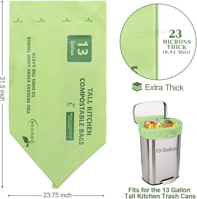 100% Compostable Trash Bags, 13 Gallon, 49.2 Liter, 0.91 Mils - Image 3