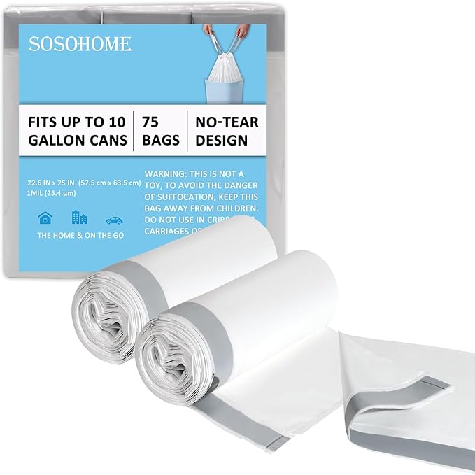 10 Gallon Trash Bags Drawstring, 1 Mil Thick White Garbage Bag by SOSOHOME