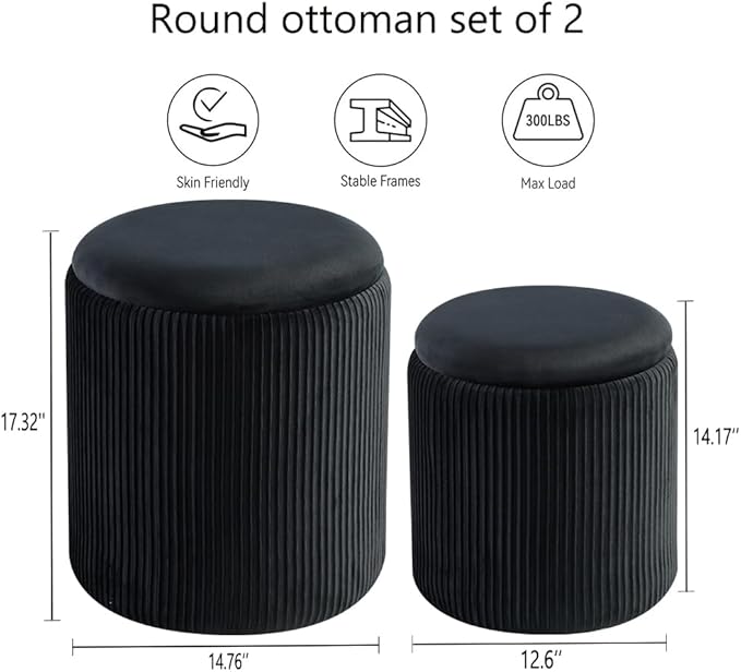 Round Ottoman with Storage Set of 2-Upholstered Velvet Vanity Stool - Image 2