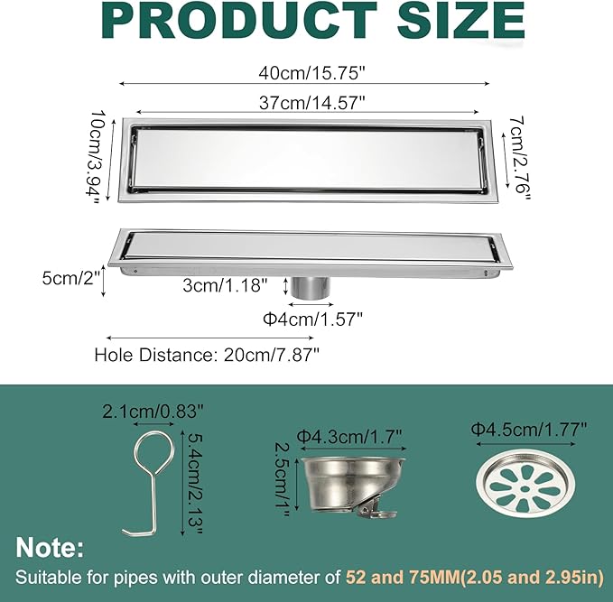 uxcell Rectangular Shower Drain, Brushed 304 Stainless Steel Odor-Proof Floor - Image 2