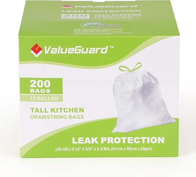 Large Trash Bag 13 Gallon Tall Drawstring 100% Post-Consumer Recycled Garbage by ValueGuard