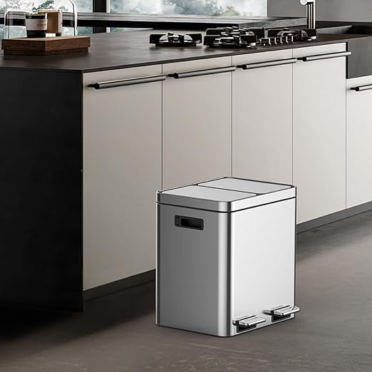 2 x 4 Gal Trash Can, Stainless Steel Triple Compartment Step-On Recycling Bin - Image 8