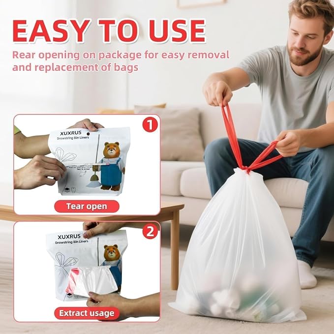 3 Gallon Trash bag Small White Drawstring Trash Bags, Tear-Free Heavy Duty - Image 5