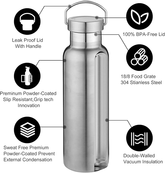 Neihepal Silver Stainless Steel Water Bottles, 20 Ounce Vacuum Insulated Double - Image 3