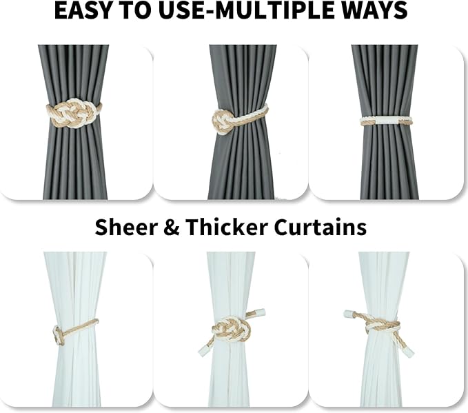 4 Pack Natural Jute Magnetic Curtain Tiebacks, Boho Rustic Style Decorative - Image 4