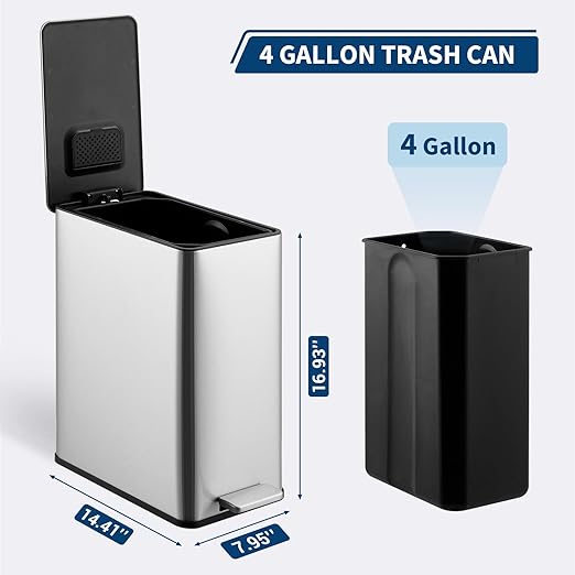15 L Kitchen Step Trash Can, 4 Gallon Narrow Stainless Steel Waste Bin - Image 2