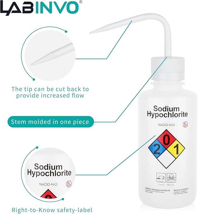 4pcs of Sodium Hypochloride Wash Bottles, Narrow Mouth, Self-Venting Safety - Image 4