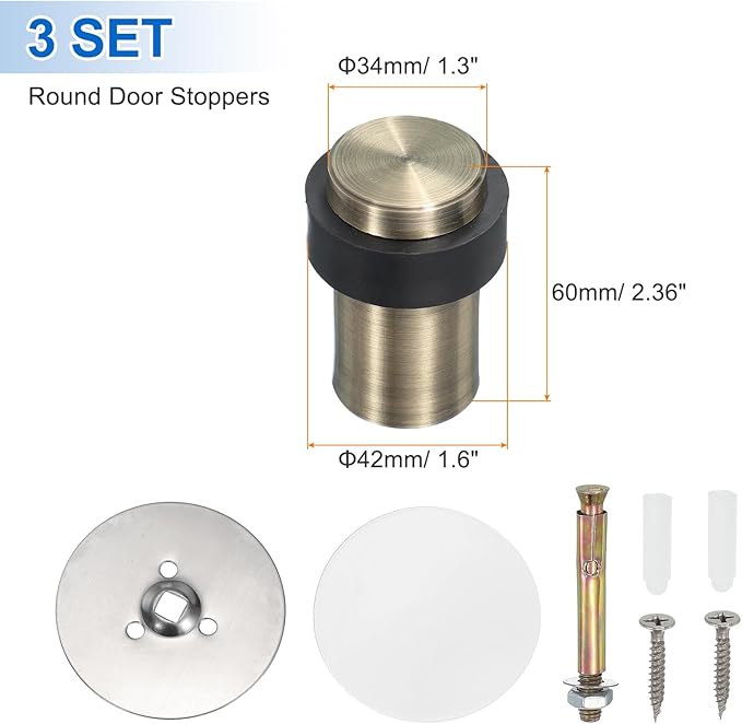 PATIKIL 3Set Round Door Stoppers, 60mm Stainless Steel Door Stop Doorstop Wedge - Image 2
