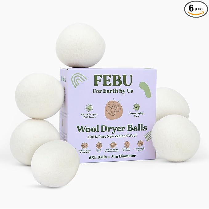 FEBU Wool Dryer Balls, XL | 100% New Zealand Wool | Natural, Reusable Fabric by FEBU