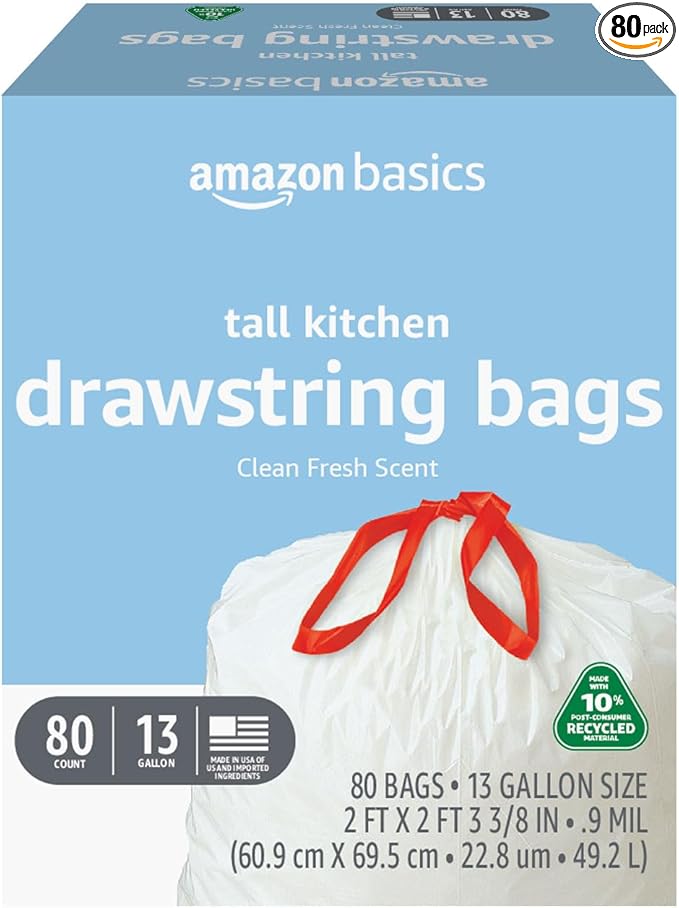 Amazon Basics 13 Gallon Tall Kitchen Drawstring Trash Bags, Clean Fresh Scent by AmazonBasics