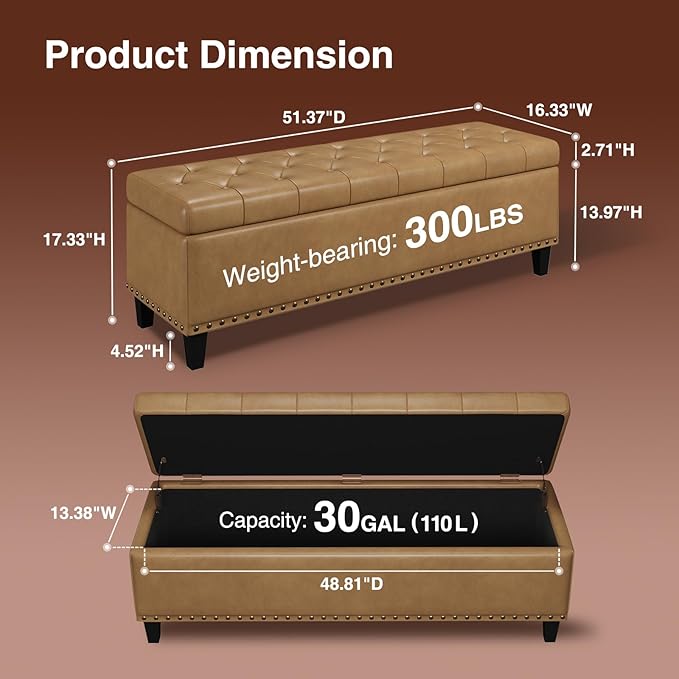 Storage Ottoman Bench, 51-Inch Large Storage Bench - Image 2