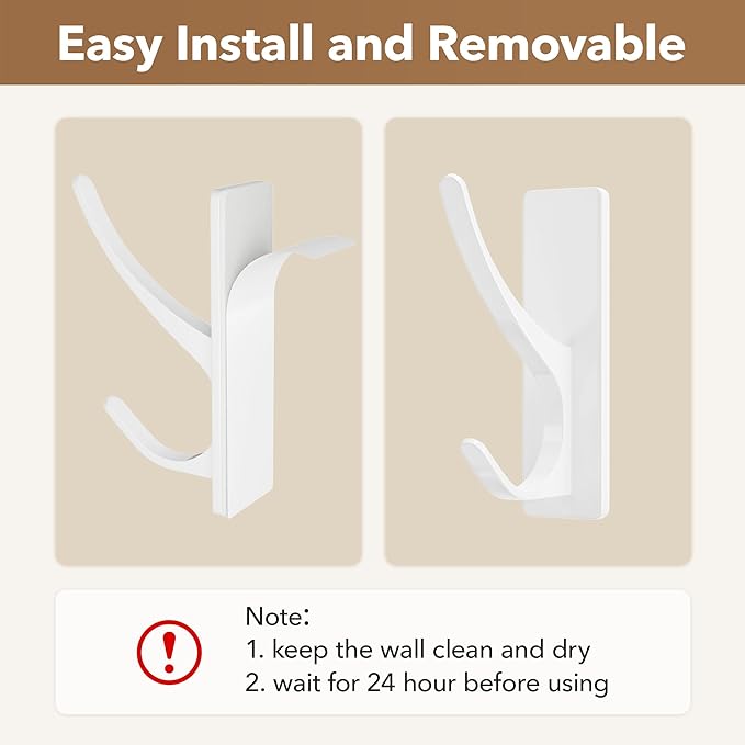 White Self Adhesive Coat Hooks for Hanging, Heavy Duty Stainless Double Wall - Image 5