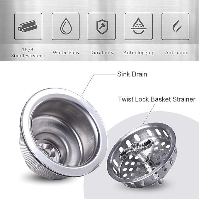 304 Stainless Steel Kitchen Sink Twist Lock Basket Drain Assembly W/Brass - Image 4