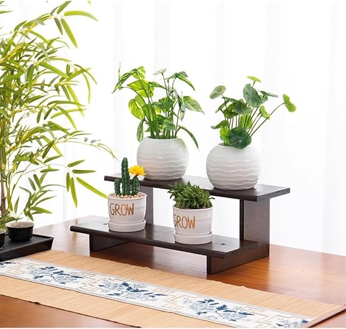 2 Tier Wood Desktop Ladder Storage Rack, Bamboo Wooden Storage Shelf - Image 4