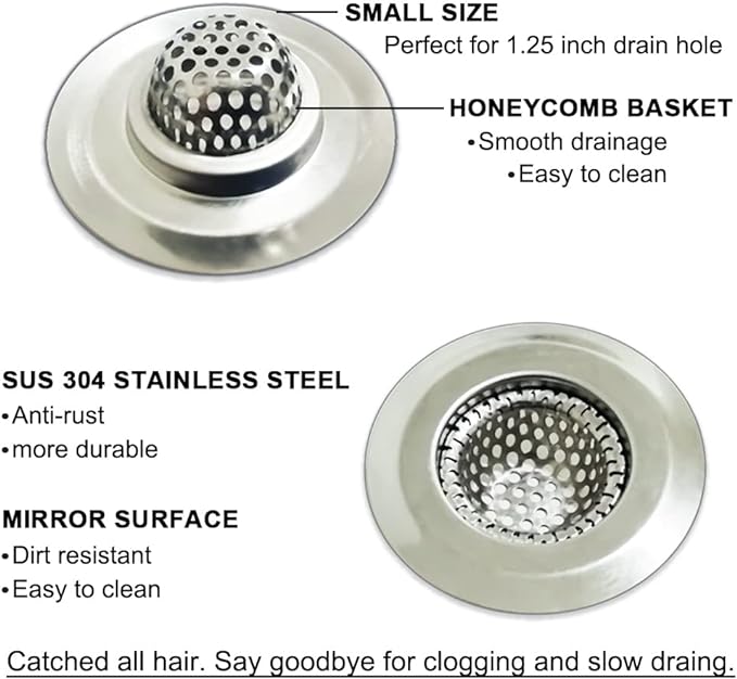 1.25" Small Drain Strainer, Sink Drain Hair Catcher, Bathroom Sink Strainer - Image 3