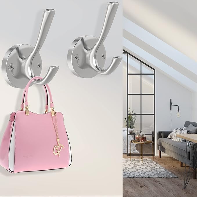 Brushed Nickel Wall Hooks, 4 Pack Heavy Duty Coat Towel Hook Metal Double Hook - Image 7