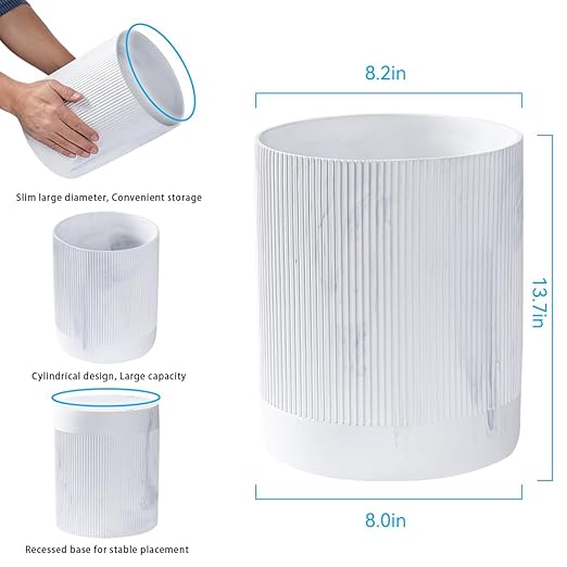Polytree White Marble Stripe Wastebasket, Round Bathroom Trash Can 2.5 Gallon - Image 2