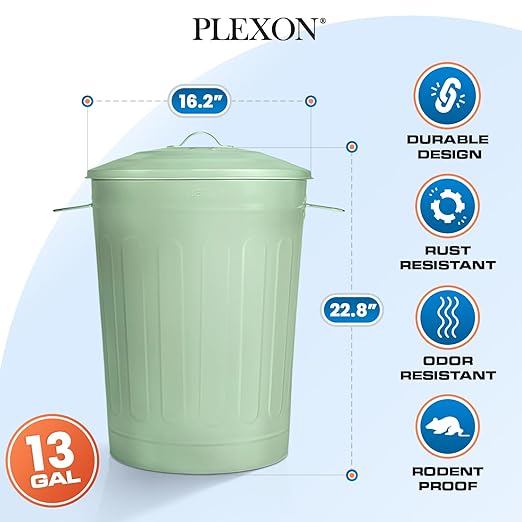 Plexon Round Trash Can 13 Gallon, Vintage Metal Outdoor Trash Can - Image 6