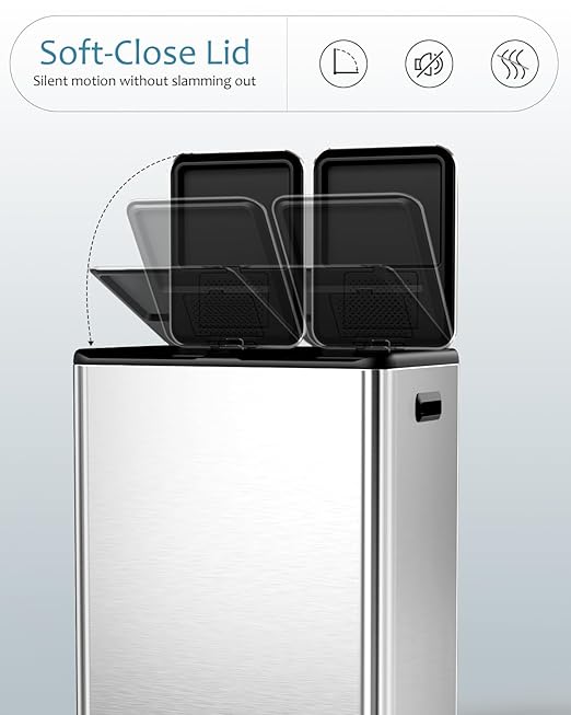 16 Gal Dual Trash Can, Stainless Steel Kitchen Garbage Bin, Recycle Dustbin - Image 4