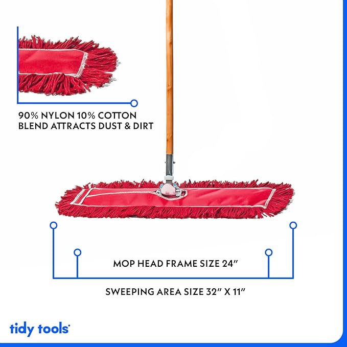 24 Inch Red Commercial Dust Mop & Floor Sweeper – Wood Handle Floor Mop - Image 3