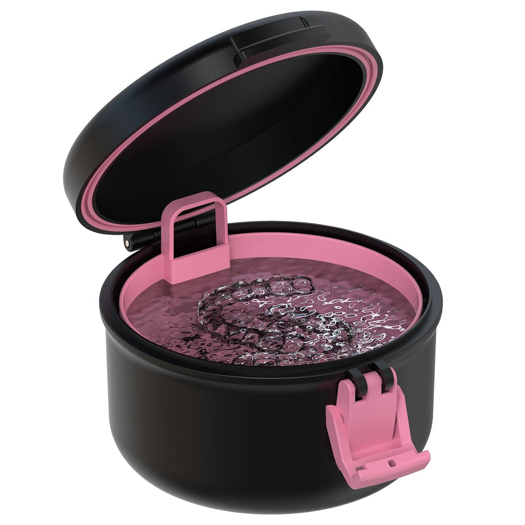 Leak-Proof Denture Bath Cup for Travel, Denture Cup for Soak Dentures, Retainer Cleaning Case with Strainer (Black + Pink)