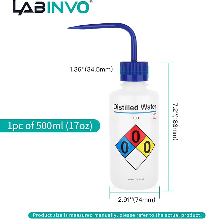 Distilled Water Wash Bottles, Narrow Mouth, Self-Venting Safety Wash Bottles - Image 3
