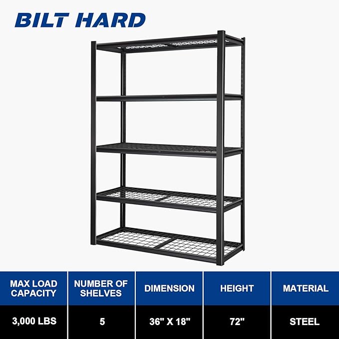 BILT HARD Garage Shelving 3000 LBS 36" W x 18" D x 72" H, Heavy Duty 5-Tier - Image 2