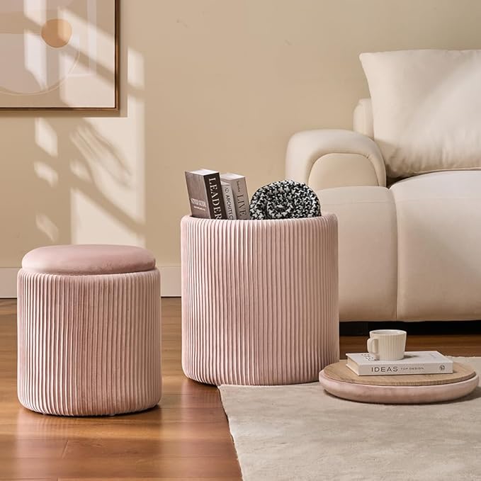 Round Set of 2 Ottoman with Storage-Upholstered Velvet Vanity Stool - Image 2