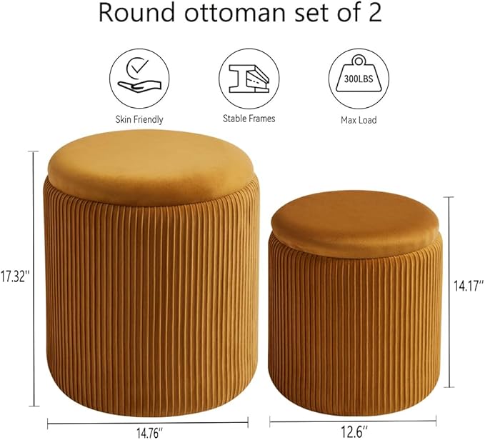 Round Ottoman with Storage Set of 2-Upholstered Velvet Vanity Stool - Image 2
