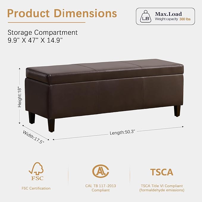 HUIMO Faux Leather Storage Ottoman Bench 50.3 Inch Extra Long PU Upholstered - Image 2