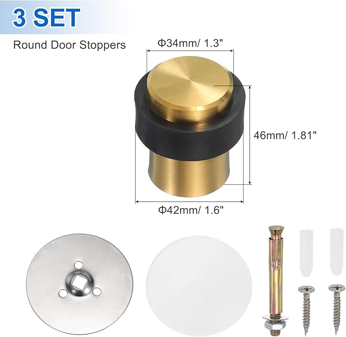 PATIKIL 3Set Round Door Stoppers, 46mm Stainless Steel Door Stop Doorstop Wedge - Image 2