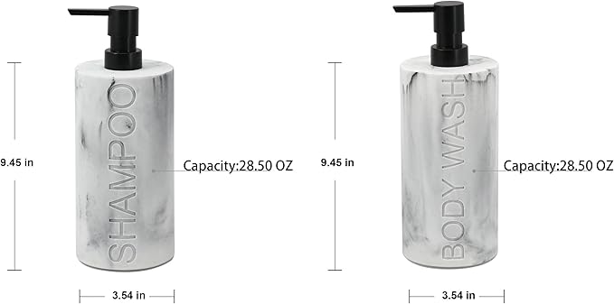 Marble Resin 2 Piece Shampoo and Body Wash Dispenser Set, Luxurious Refillable - Image 2