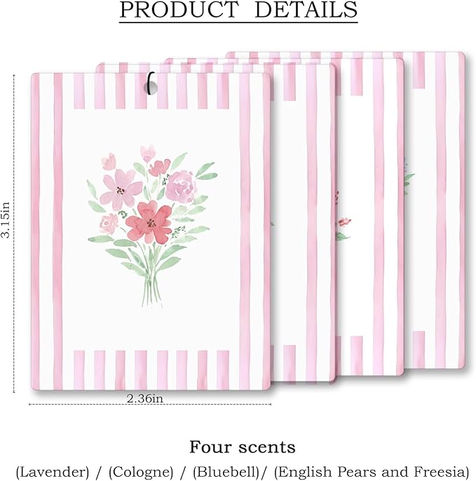 Girly Pink Floral Car Air Freshener 4 Pcs, Preppy Pink Striped Flower Hanging - Image 4