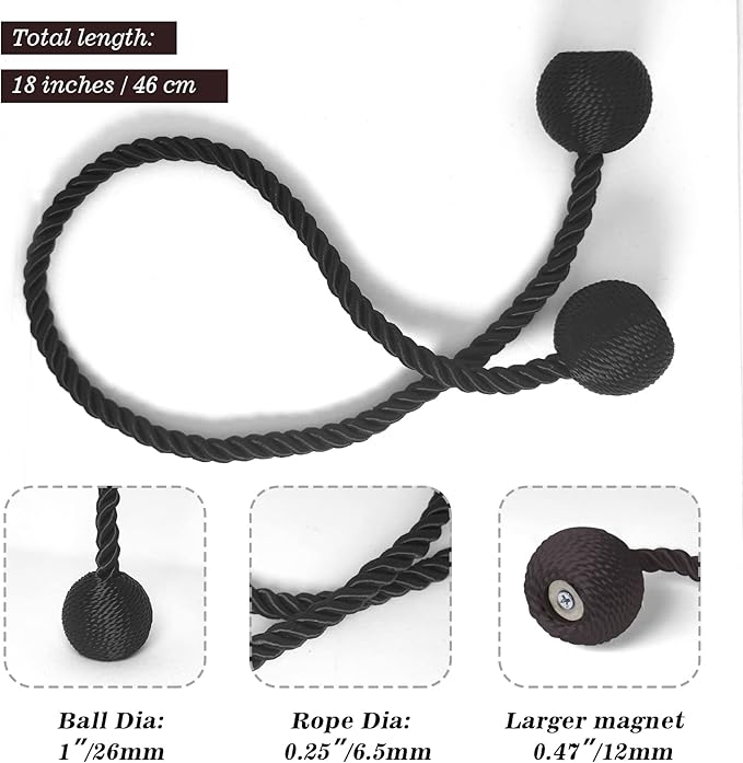 Hion Magnetic Curtain Tiebacks Black 6 Pack, Curtain Tiebacks Buckles Holdbacks - Image 2