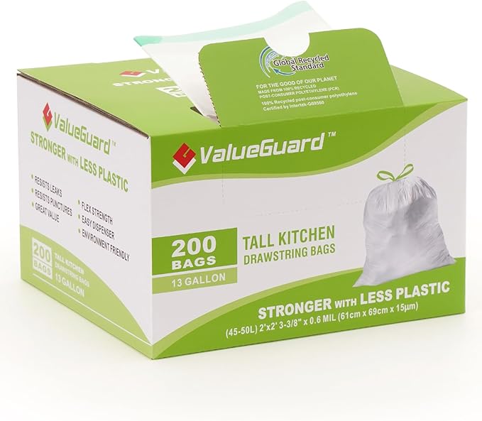 Large Trash Bag 13 Gallon Tall Drawstring 100% Post-Consumer Recycled Garbage by ValueGuard