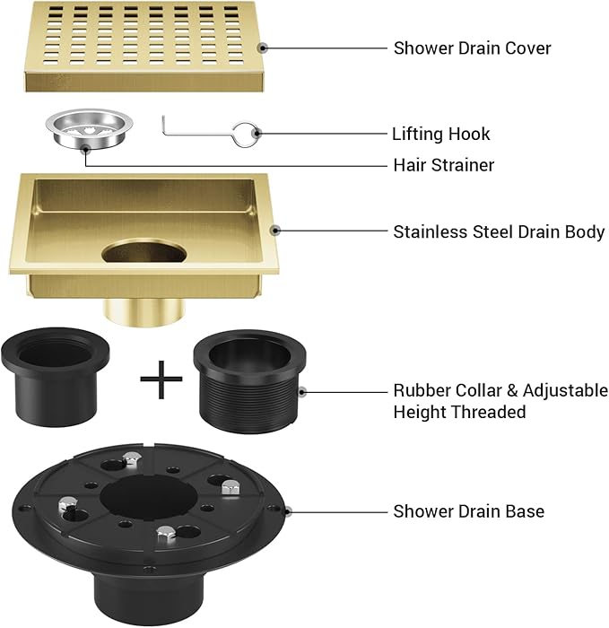 Shower Drain Brushed Gold 6 Inch, Square Floor Drain, Stainless Steel Drain Kit - Image 2