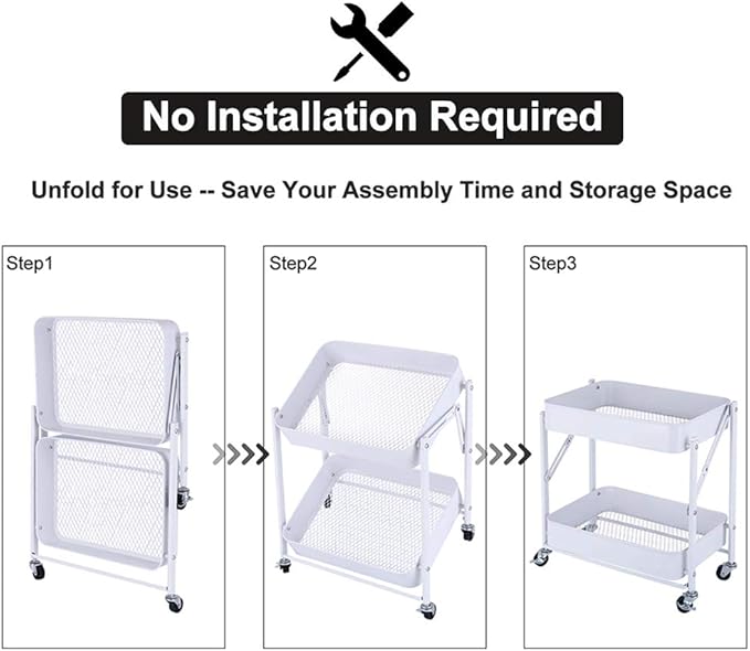 Melody House 2-Tier Metal Folding Rolling Cart, Mobile Utility Cart Trolley - Image 2