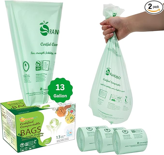 100% Compostable Trash Bags 13 Gallon Tall Kitchen, 0.9 Mil, Kitchen Compost by OrangeBio