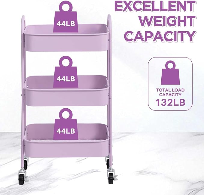 AGTEK Makeup Cart, Movable Rolling Organizer Cart, 3 Tier Metal Utility Cart - Image 7
