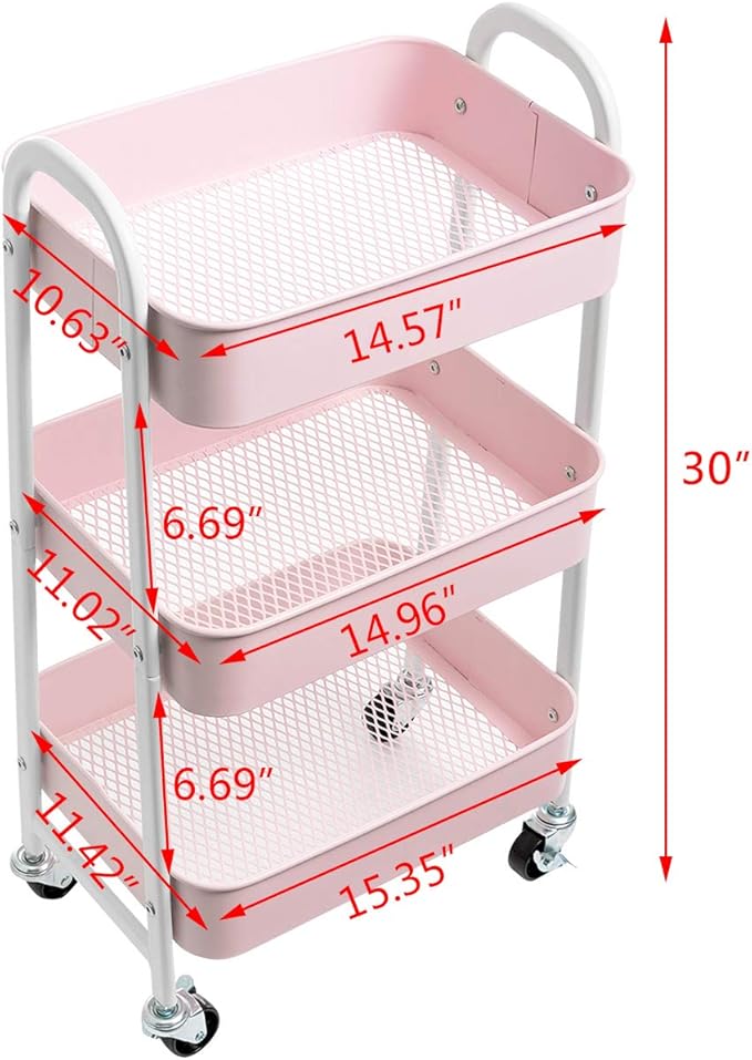 AGTEK Makeup Cart, Movable Rolling Organizer Cart, 3 Tier Metal Utility Cart - Image 3