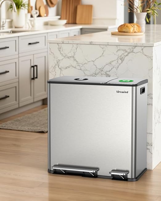 Dual Trash and Recycling Bins for Kitchen, 13.2 + 5.2 Gal Stainless Steel Trash - Image 7
