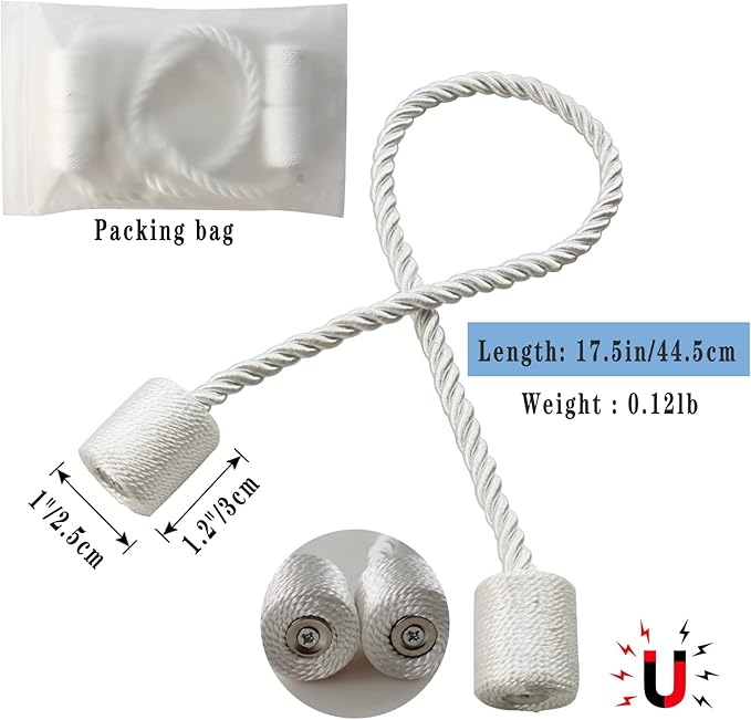 Magnetic Curtain Tiebacks 2 Pack White Rope Tieback Curtains Holders - Image 2