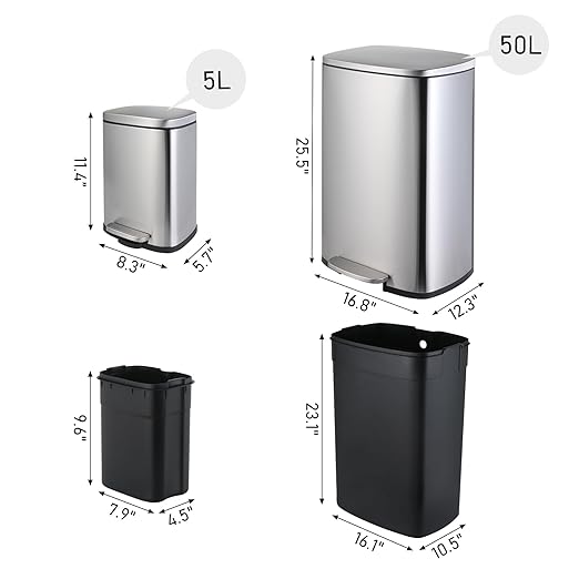 Arlopu 13.2+1.3 Gallon Step Trash Can, Stainless Steel Garbage Bin, Soft-Close - Image 2
