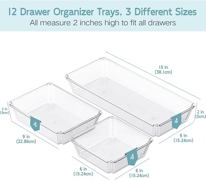 12 Pack Large Clear Plastic Drawer Organizer Trays, Desk Drawer Organizers and - Image 2