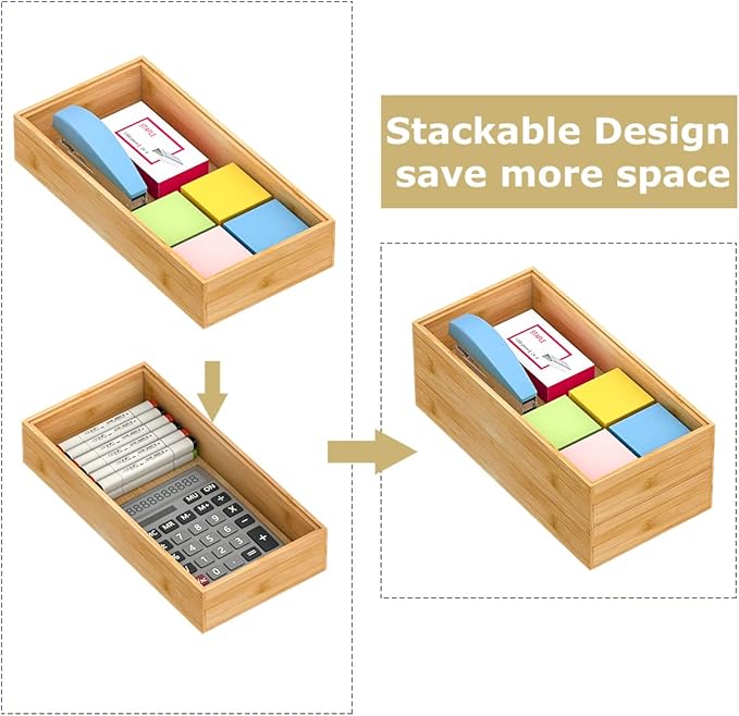 Bamboo Kitchen Drawer Organizer, Stackable Silverware Tray Utensil Organizer - Image 3