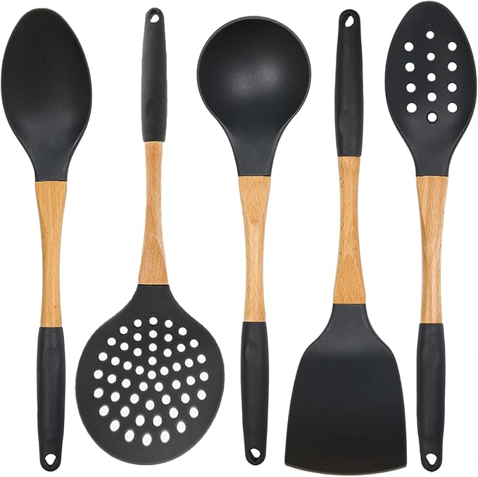 Beille 5pc Dark Grey Nylon Wooden Kitchen Utensils by BEILLE