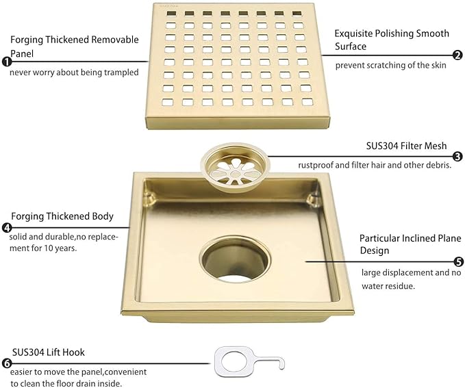 RANDOM Brushed Gold Shower Drain Square 6 Inch Shower Floor Drain - Image 4