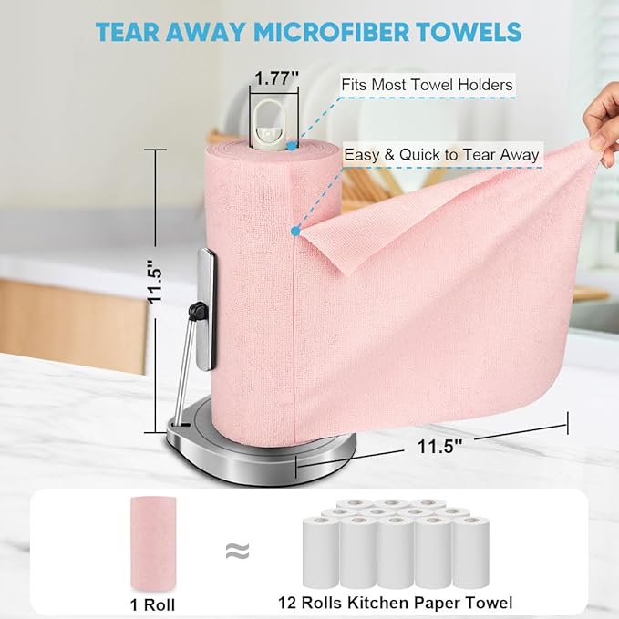 AIDEA Microfiber Cleaning Cloth Roll, Tear Away Reusable Paper Towels Pink - Image 2
