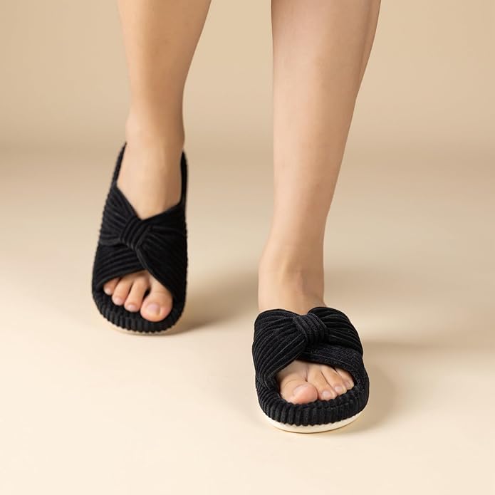 Chantomoo Slippers for Women Memory Foam House Bedroom Corduroy Bow Crossbands - Image 6
